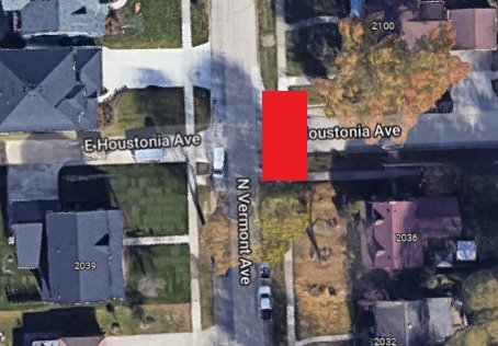 aerial view of intersection showing Houstonia Avenue closed just east of Vermont Avenue